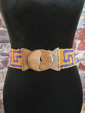 Artisan Crafted Beaded Stretch Belt With Wooden Buckle